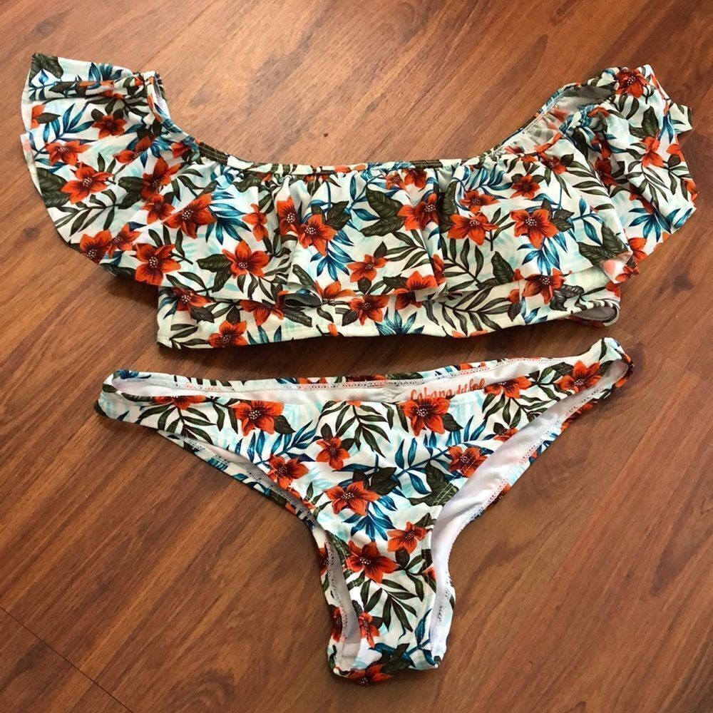Cabana Del Sol ruffled Bikini botanical print L